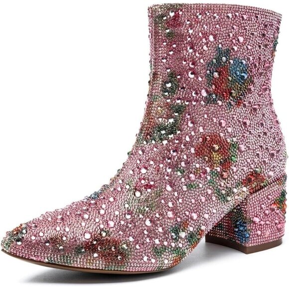 YAYONE Rhinestone Zipper Sparkly Ankle Boots Pink Glitter Chunky Heel For Women - Picture 1 of 8